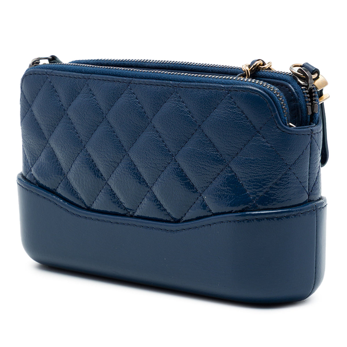 Chanel Quilted Patent Aged Calfskin Gabrielle Double Zip Clutch with Chain — Blue