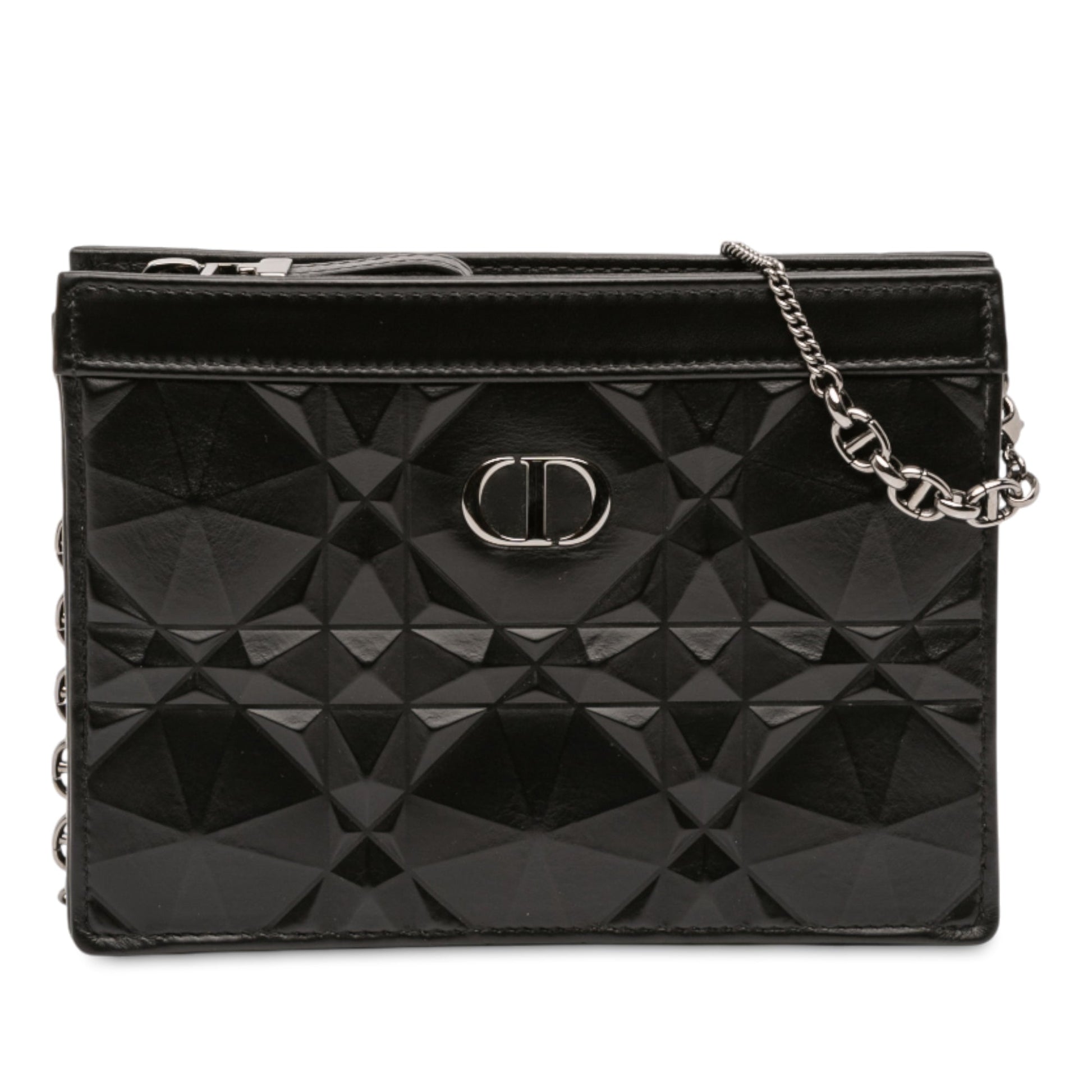 Dior Calfskin Macrocannage Diamond Caro Zipped Pouch With Chain