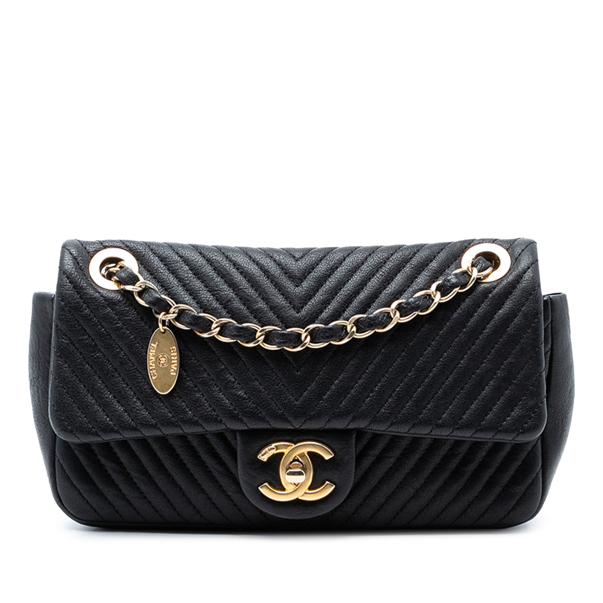 Small Chevron Wrinkled Calfskin Medallion Charm Surpique Flap