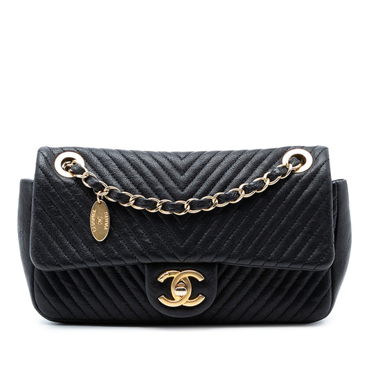 Small Chevron Wrinkled Calfskin Medallion Charm Surpique Flap