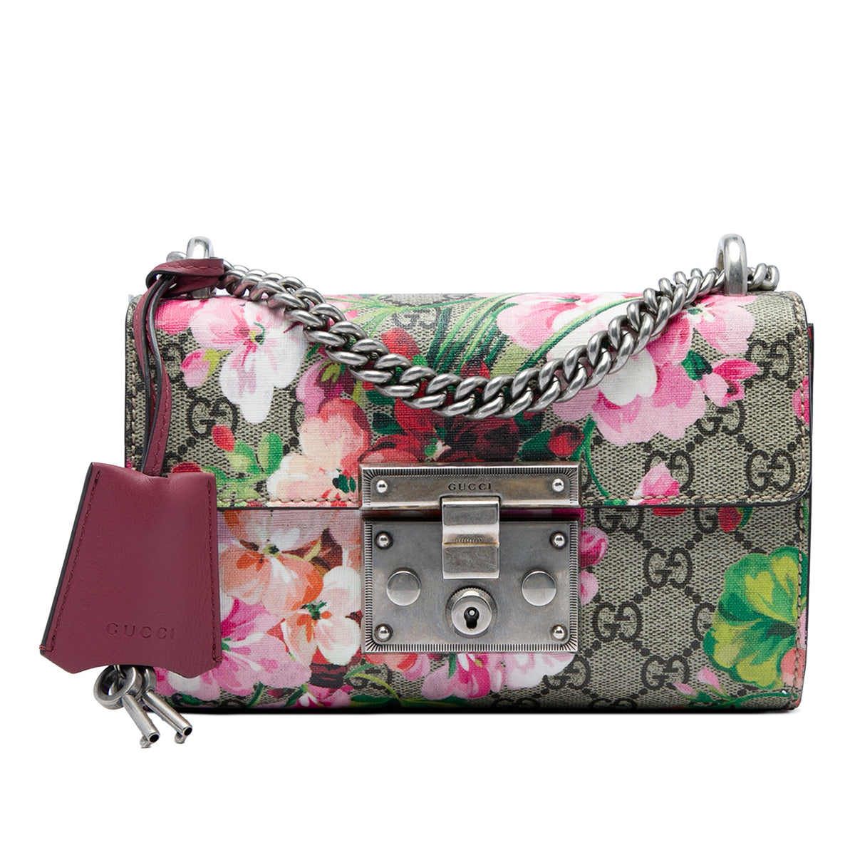 Gucci Small GG Supreme Blooms Padlock Crossbody — Beige
