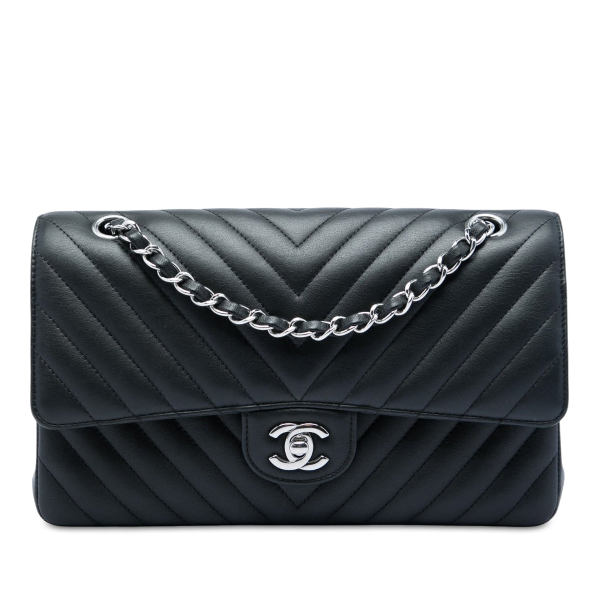 Chanel Medium Classic Chevron Lambskin Double Flap — Black