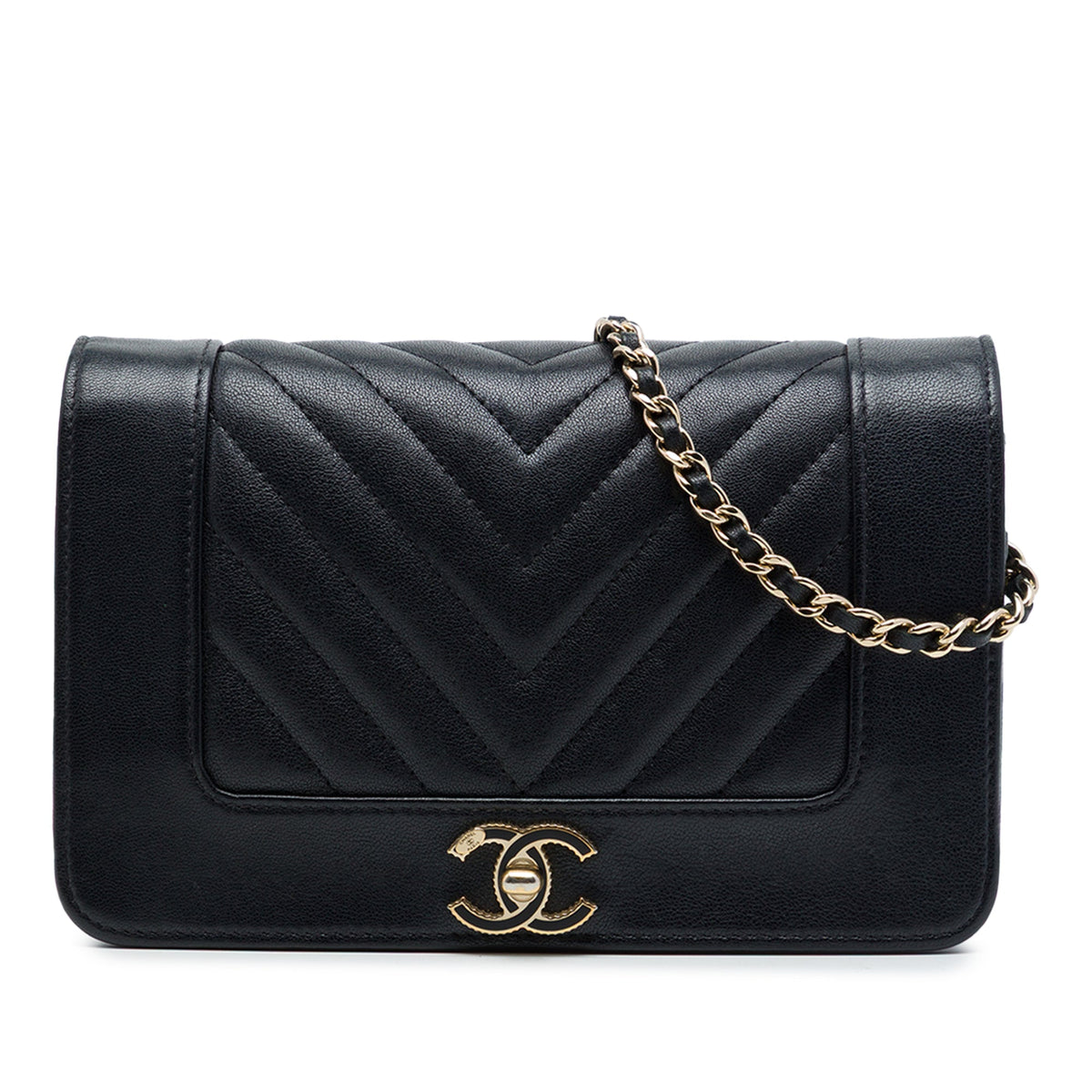 Chanel Chevron Sheepskin Mademoiselle Vintage Wallet on Chain — Black