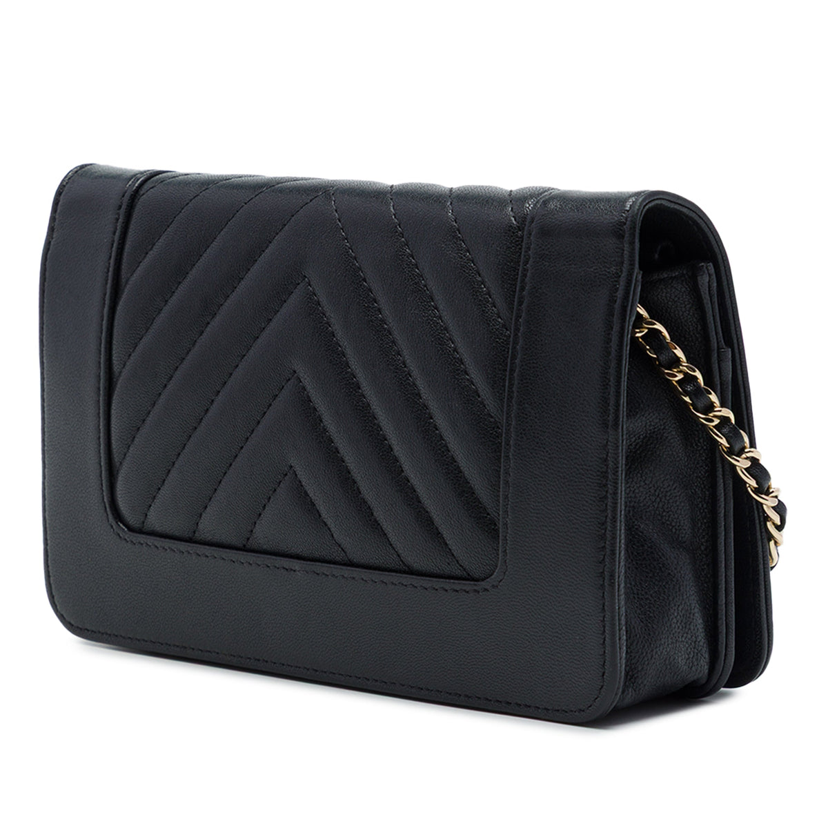 Chanel Chevron Sheepskin Mademoiselle Vintage Wallet on Chain — Black