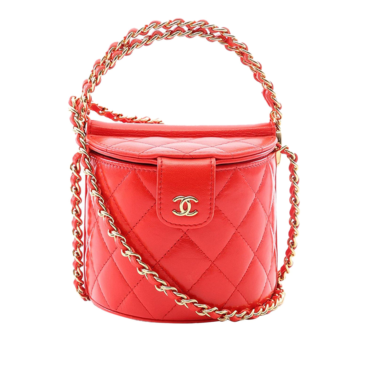 Chanel CC Quilted Lambskin Top Handle Round Vanity Case with Chain — Red