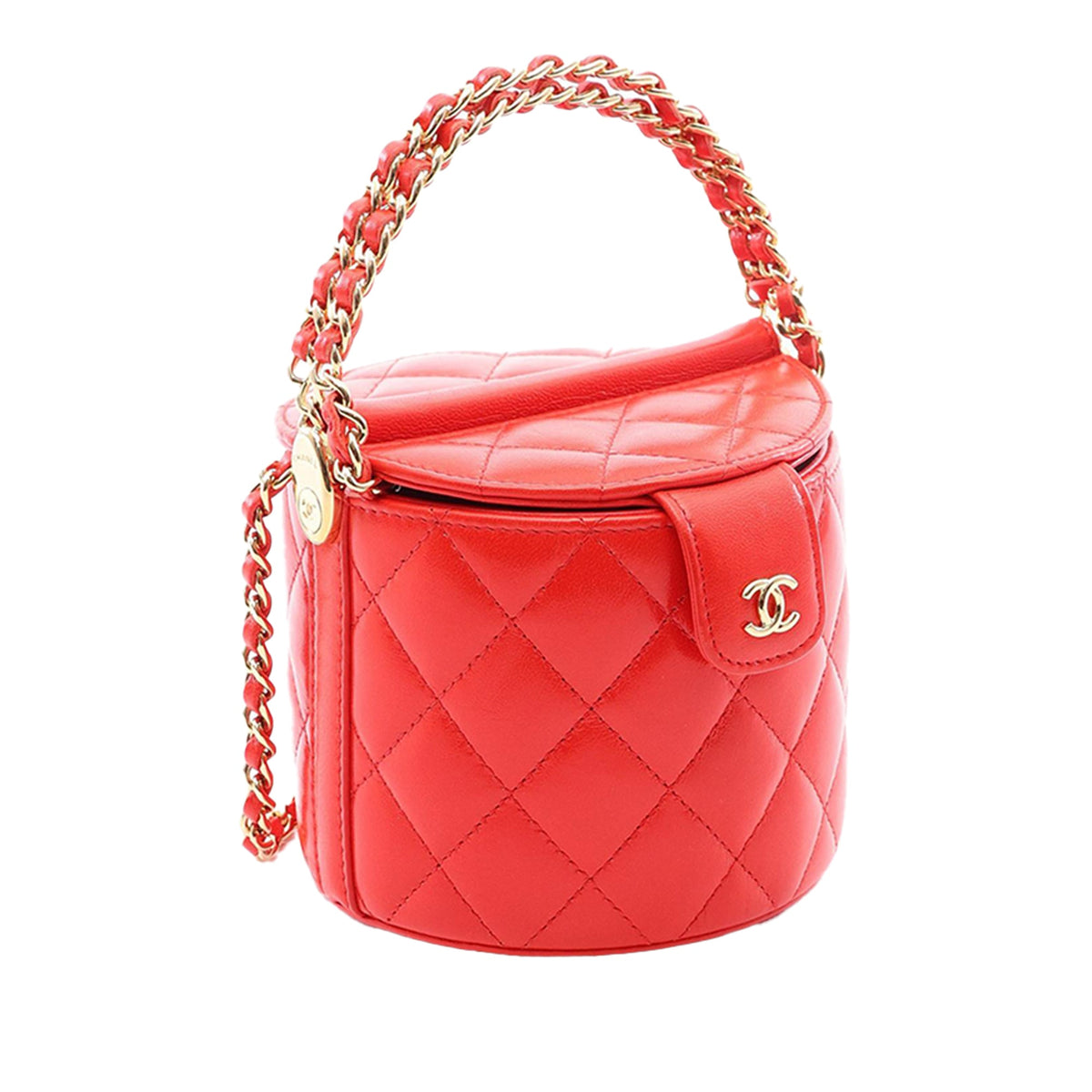 Chanel CC Quilted Lambskin Top Handle Round Vanity Case with Chain — Red