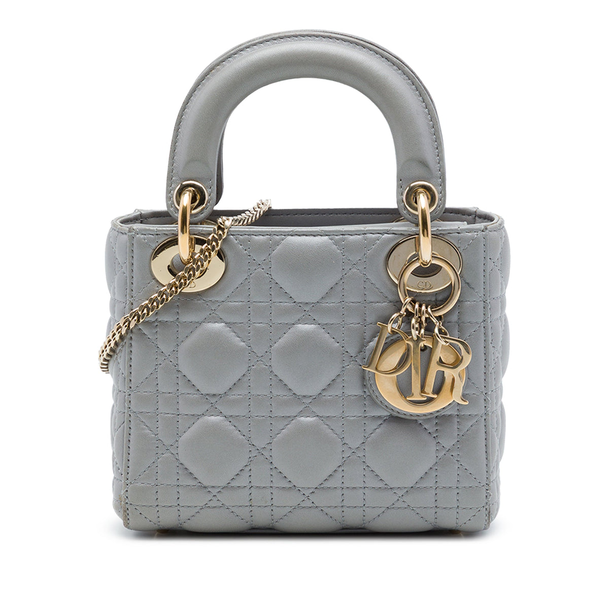 Dior Mini Metallic Lambskin Cannage Lady Dior — Gray