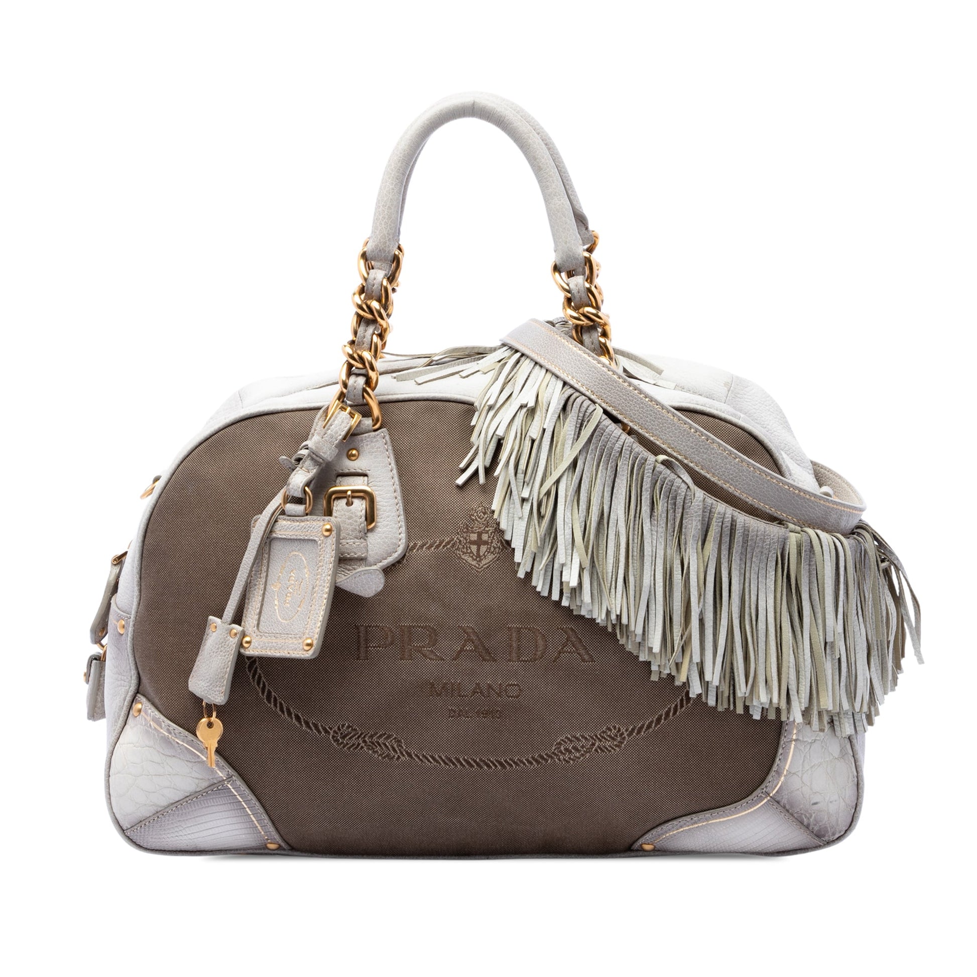 Prada Leather Trimmed Canvas Canapa Logo Fringe Bauletto Bag