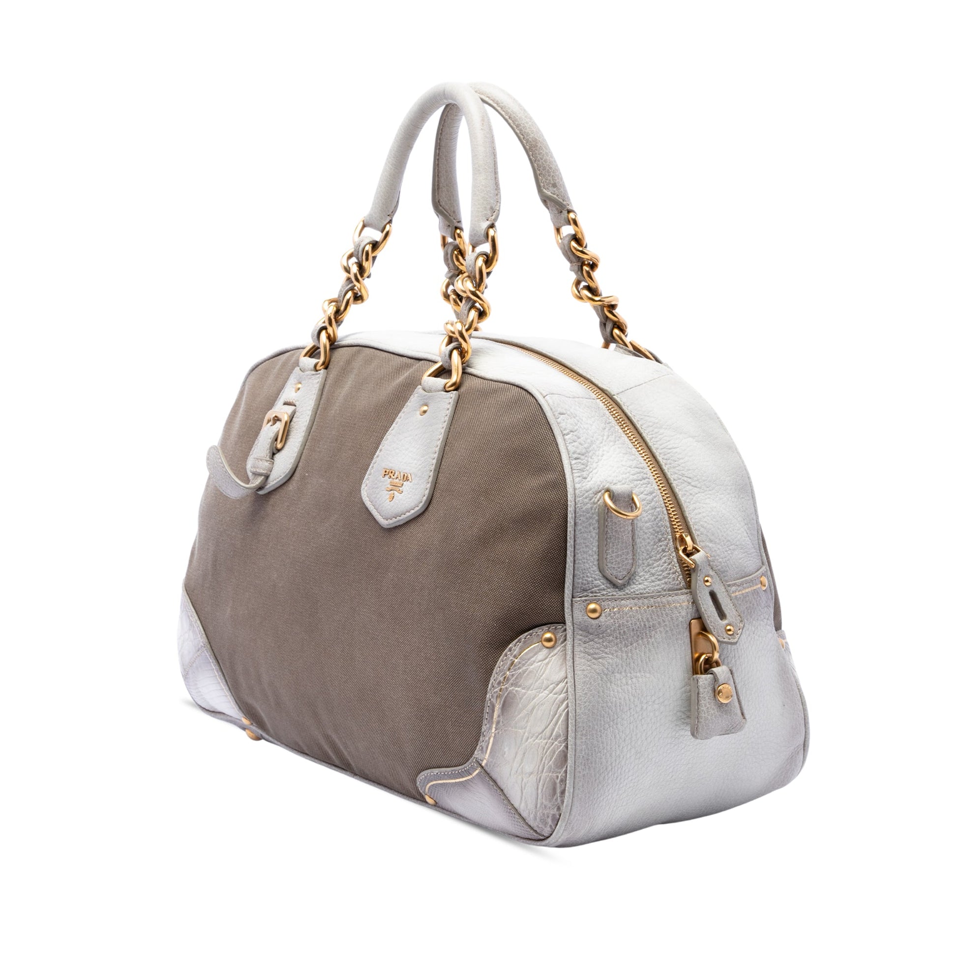 Prada Leather Trimmed Canvas Canapa Logo Fringe Bauletto Bag