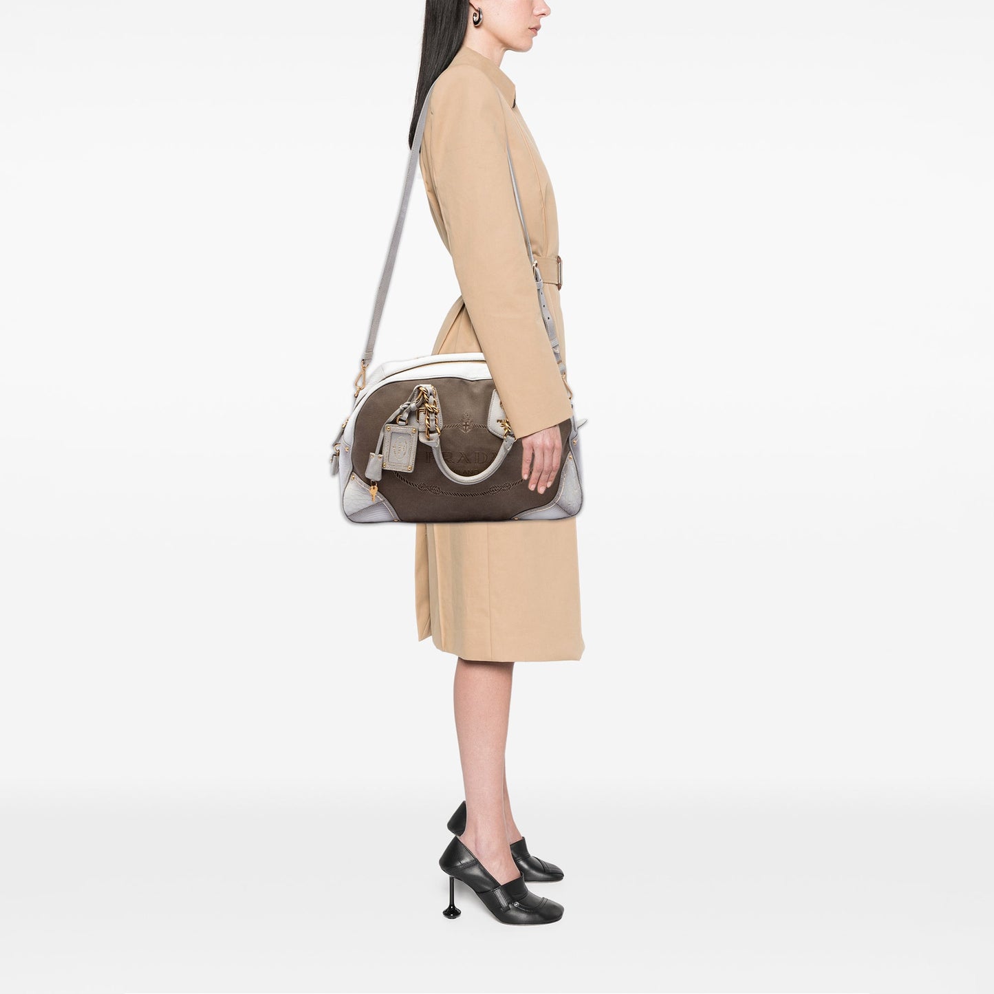 Prada Leather Trimmed Canvas Canapa Logo Fringe Bauletto Bag