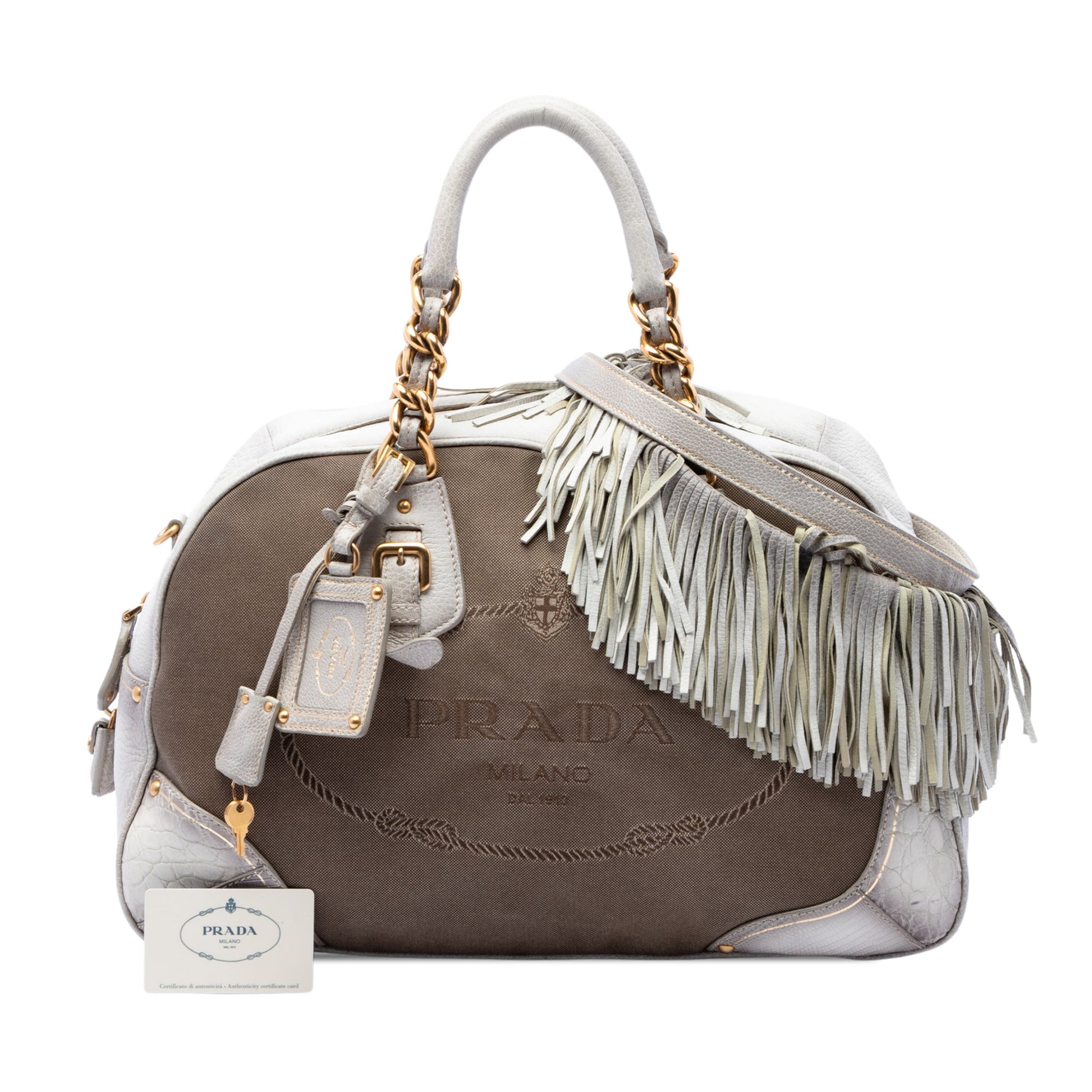Prada Leather Trimmed Canvas Canapa Logo Fringe Bauletto Bag