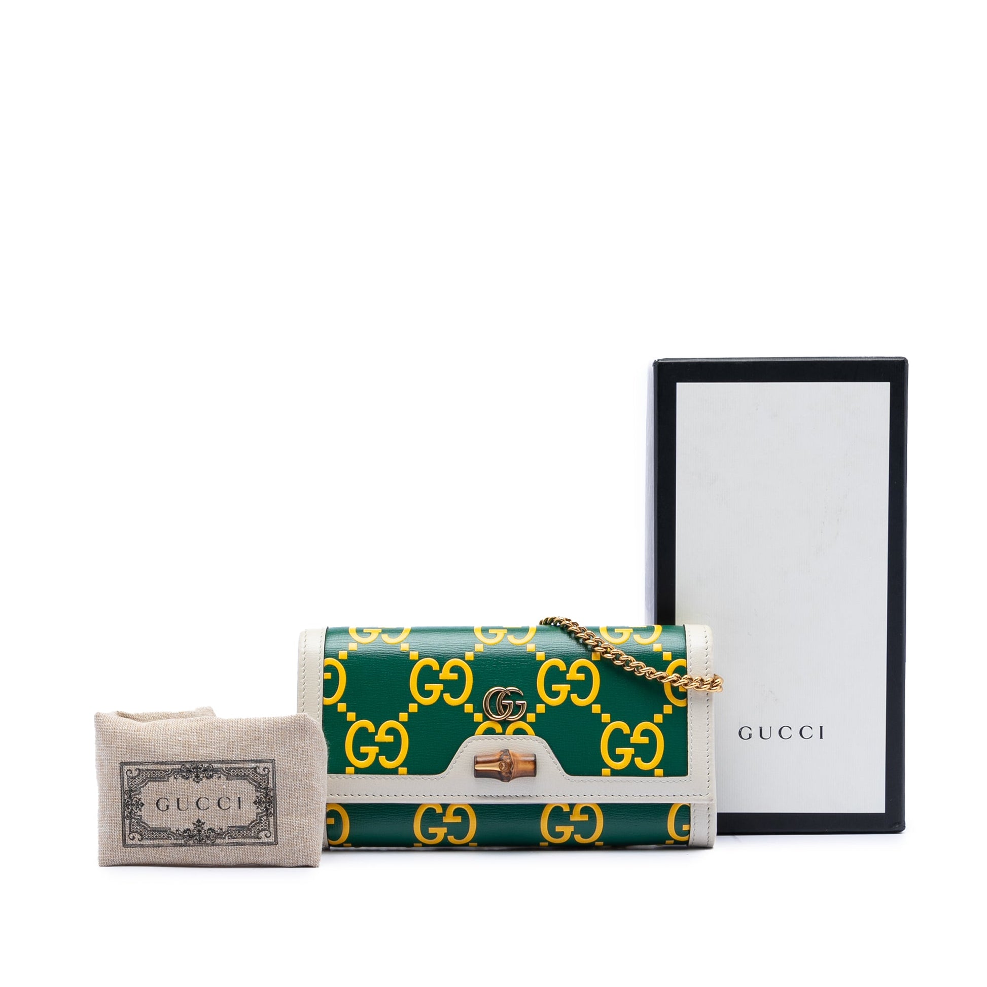 Gucci Bicolor Debossed GG Azalea Calfskin Bamboo Diana Wallet on Chain
