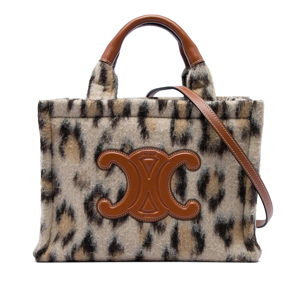 Celine Small Leopard Print Felt Cuir Triomphe Cabas Thais Satchel — Beige