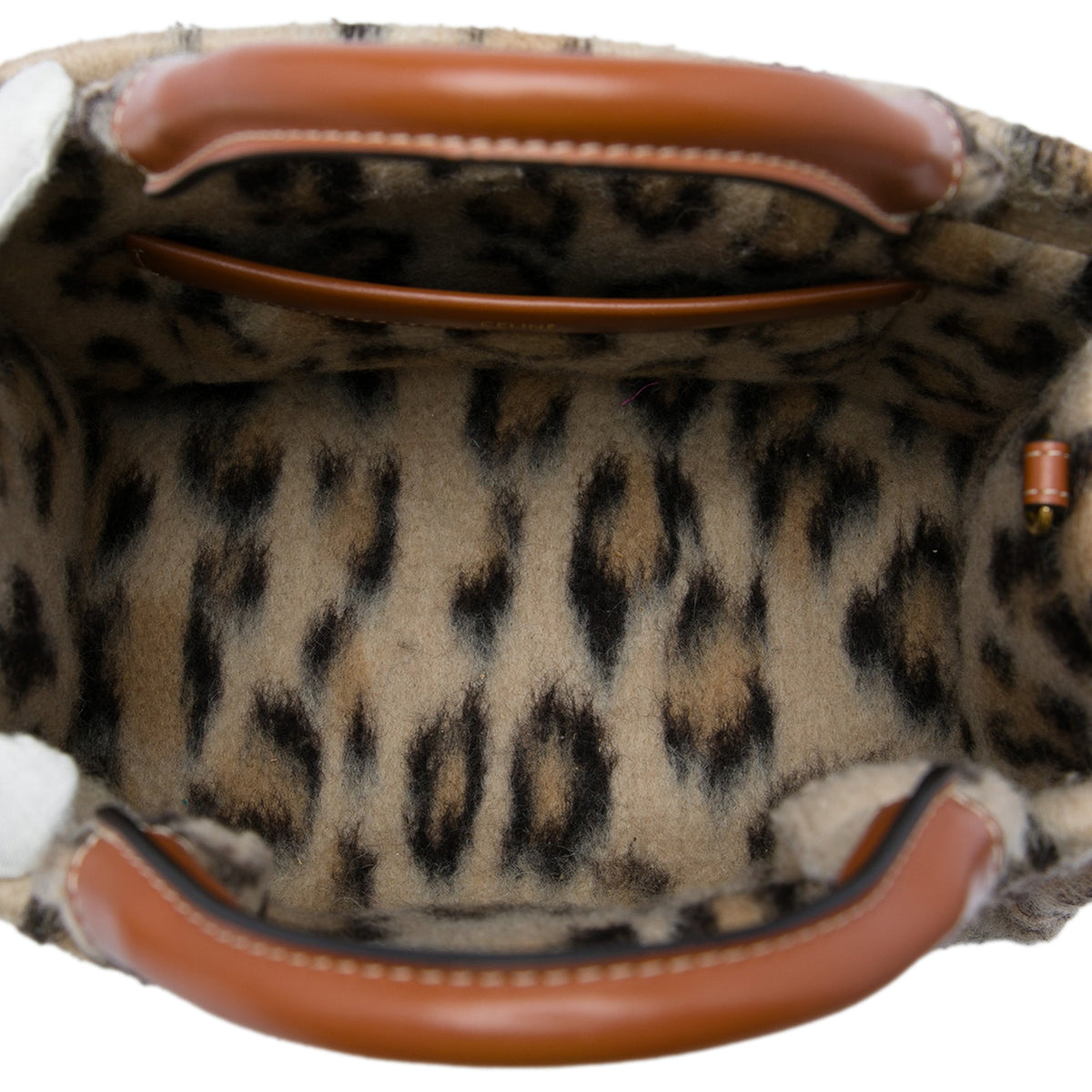 Celine Small Leopard Print Felt Cuir Triomphe Cabas Thais Satchel — Beige