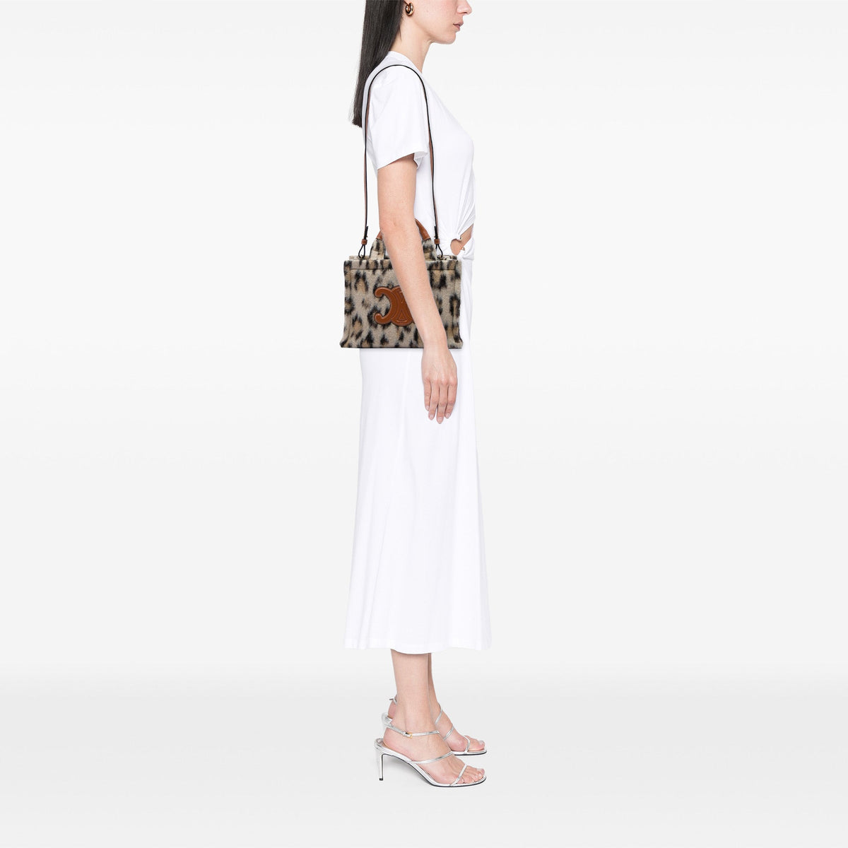 Celine Small Leopard Print Felt Cuir Triomphe Cabas Thais Satchel — Beige