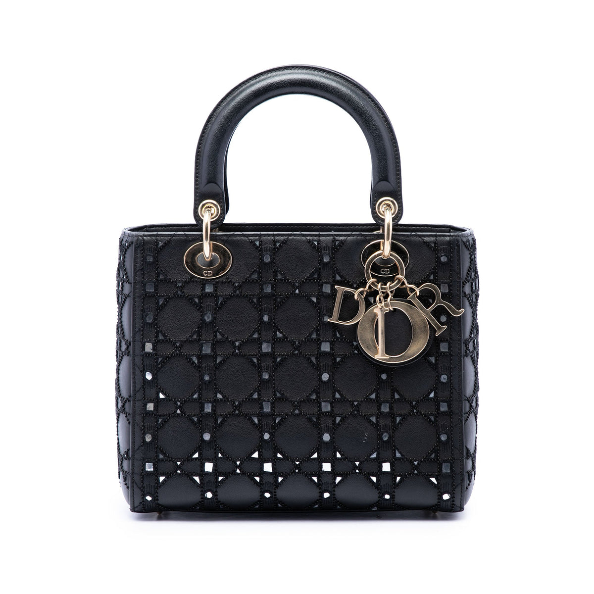 Dior Medium Calfskin Cannage Bead and Strass Embellished Lady Dior — Black