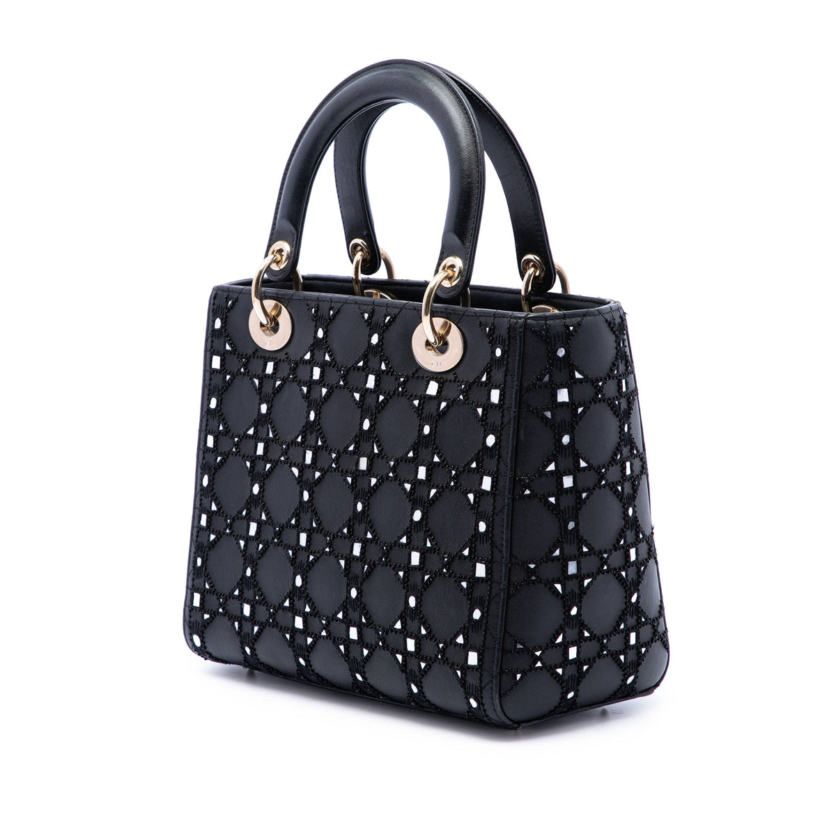 Dior Medium Calfskin Cannage Bead and Strass Embellished Lady Dior — Black