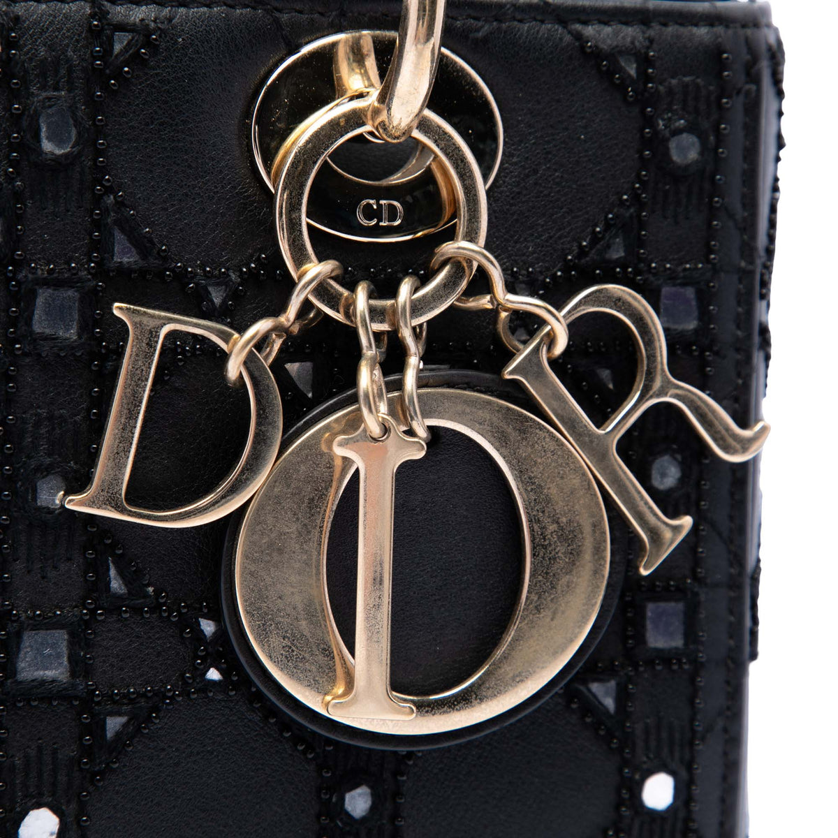 Dior Medium Calfskin Cannage Bead and Strass Embellished Lady Dior — Black