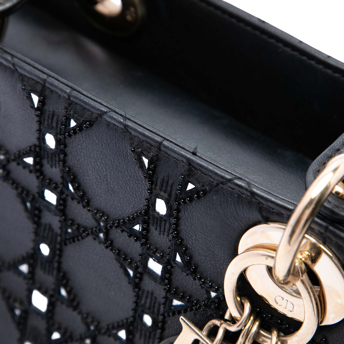Dior Medium Calfskin Cannage Bead and Strass Embellished Lady Dior — Black