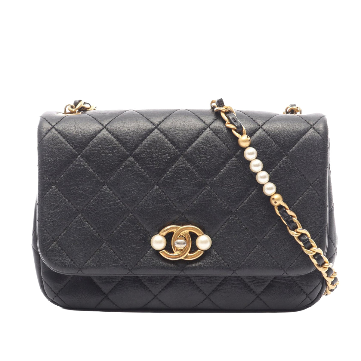 Chanel Small CC Glazed Calfskin Imitation Pearls Flap — Black