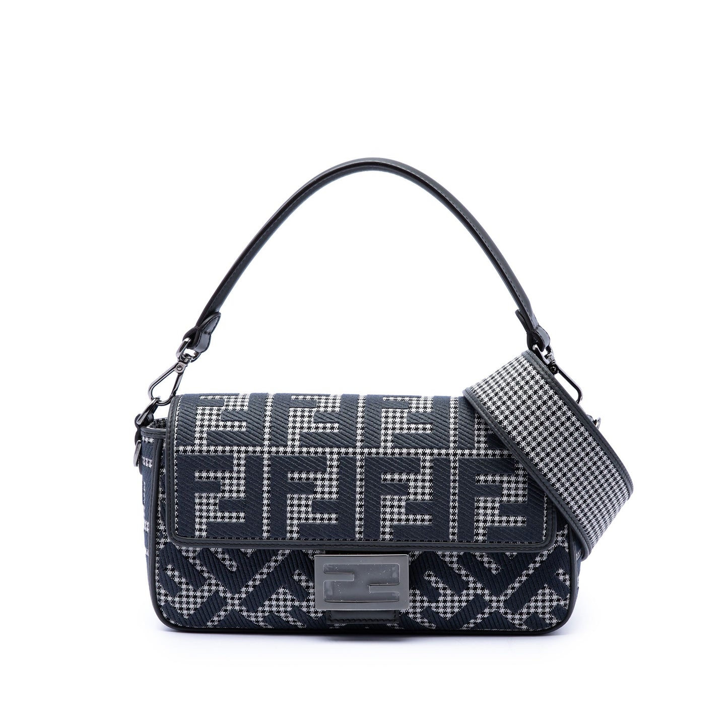 Fendi FF Embroidered Wool Houndstooth Baguette Satchel