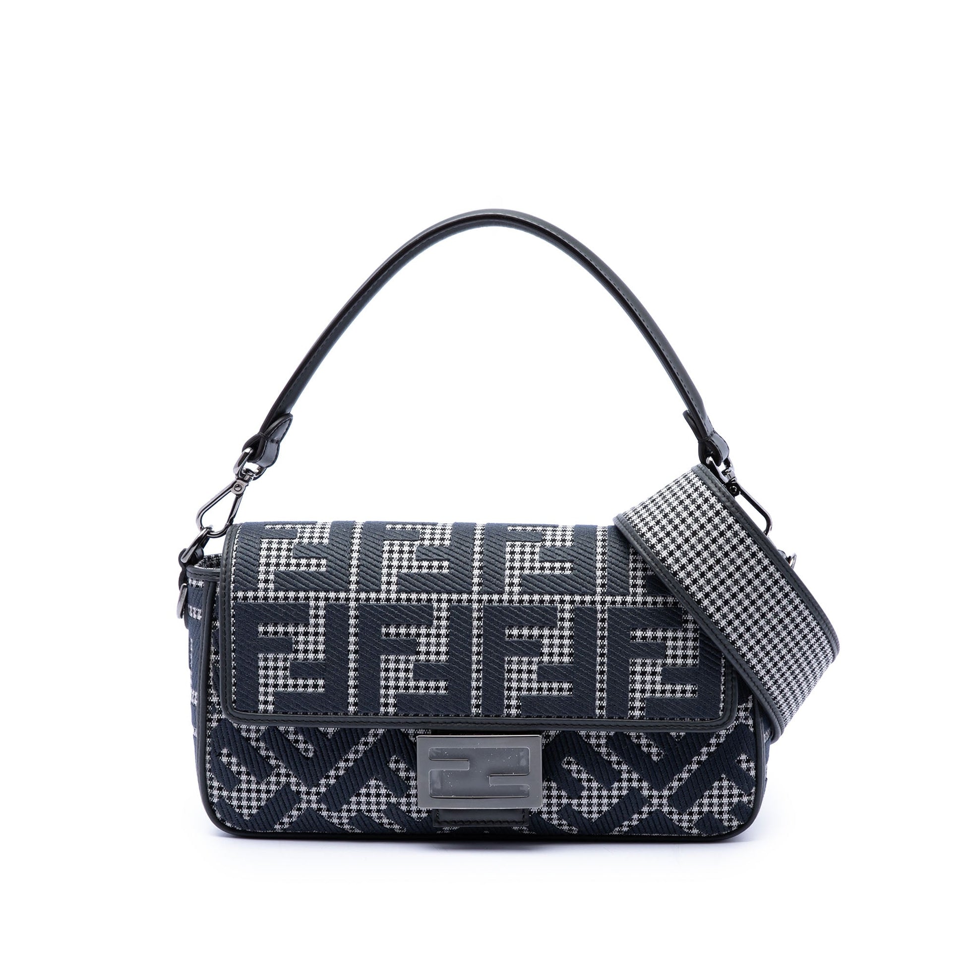Fendi FF Embroidered Wool Houndstooth Baguette Satchel