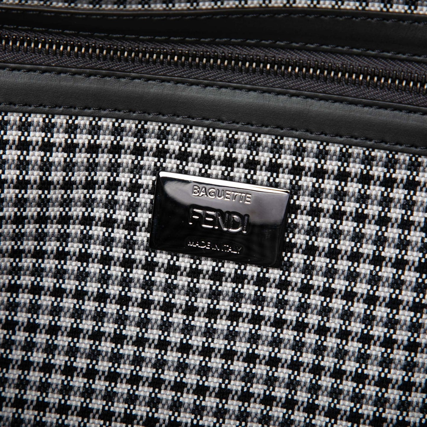 Fendi FF Embroidered Wool Houndstooth Baguette Satchel