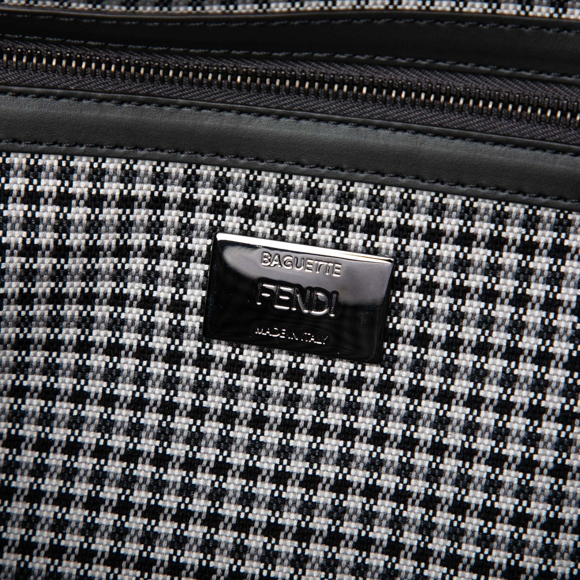 Fendi FF Embroidered Wool Houndstooth Baguette Satchel
