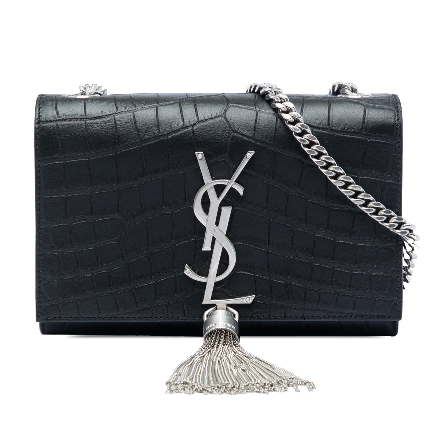 Saint Laurent Small Croc Embossed Leather Monogram Kate Tassel Crossbody