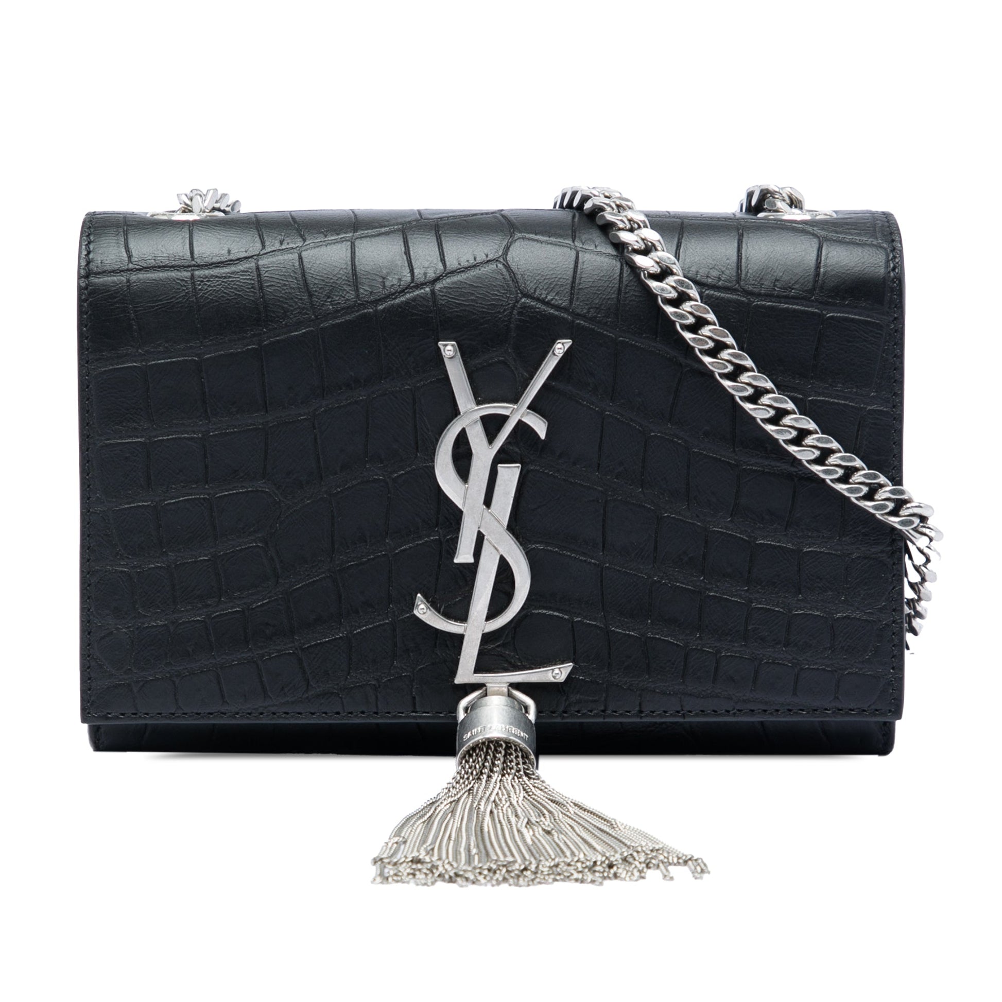 Saint Laurent Small Croc Embossed Leather Monogram Kate Tassel Crossbody