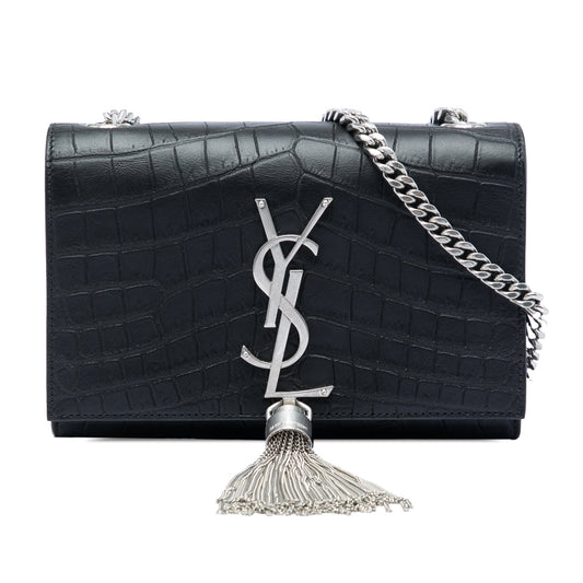 Saint Laurent Small Croc Embossed Leather Monogram Kate Tassel Crossbody