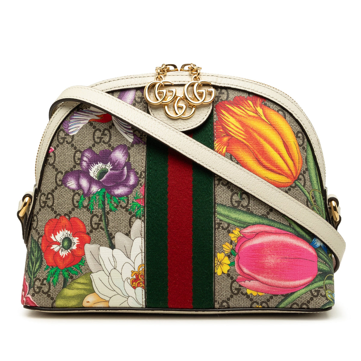 Gucci Small GG Supreme Web  Flora Ophidia Dome Crossbody — Beige