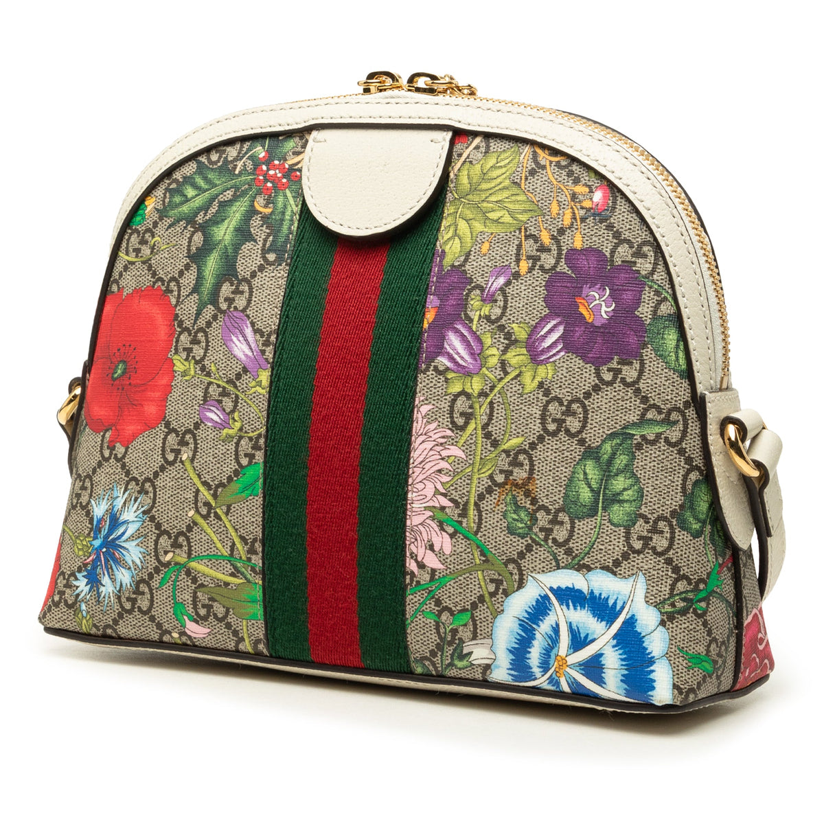 Gucci Small GG Supreme Web  Flora Ophidia Dome Crossbody — Beige