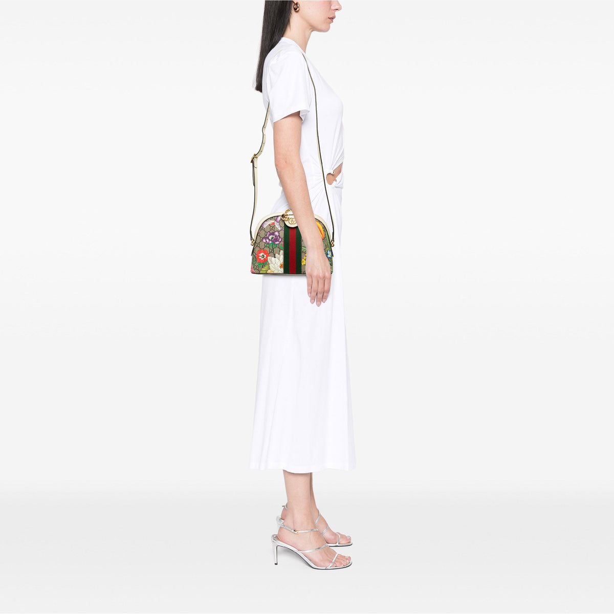 Gucci Small GG Supreme Web  Flora Ophidia Dome Crossbody — Beige
