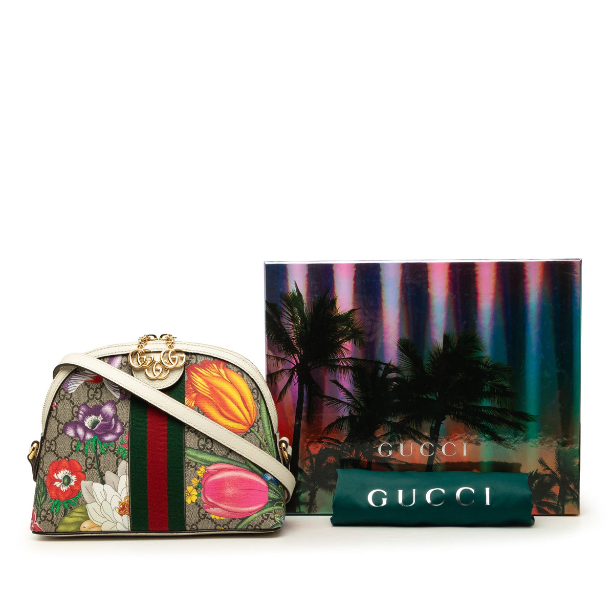 Gucci Small GG Supreme Web  Flora Ophidia Dome Crossbody — Beige