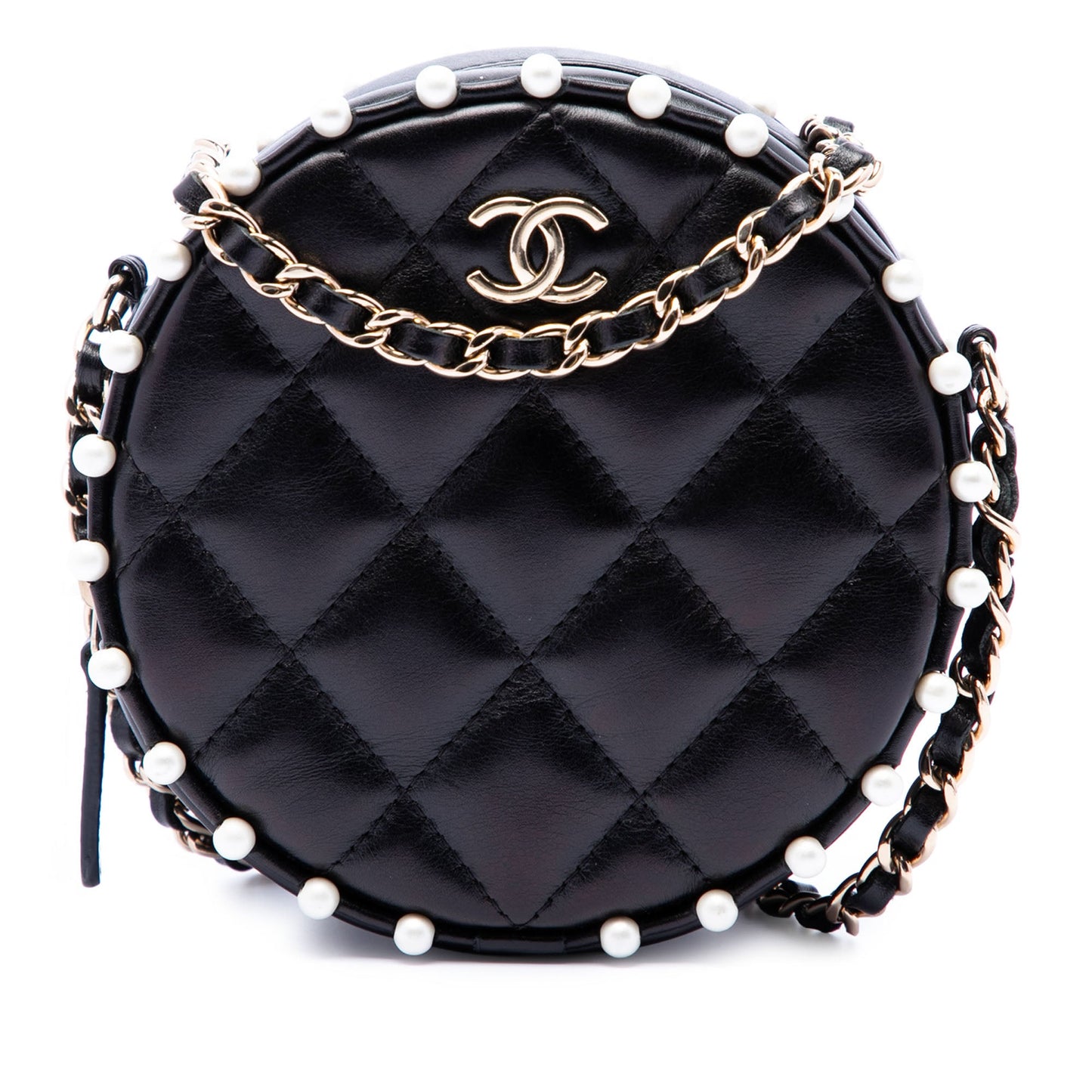Chanel Quilted Calfskin Pearl Studded Round Clutch with Chain