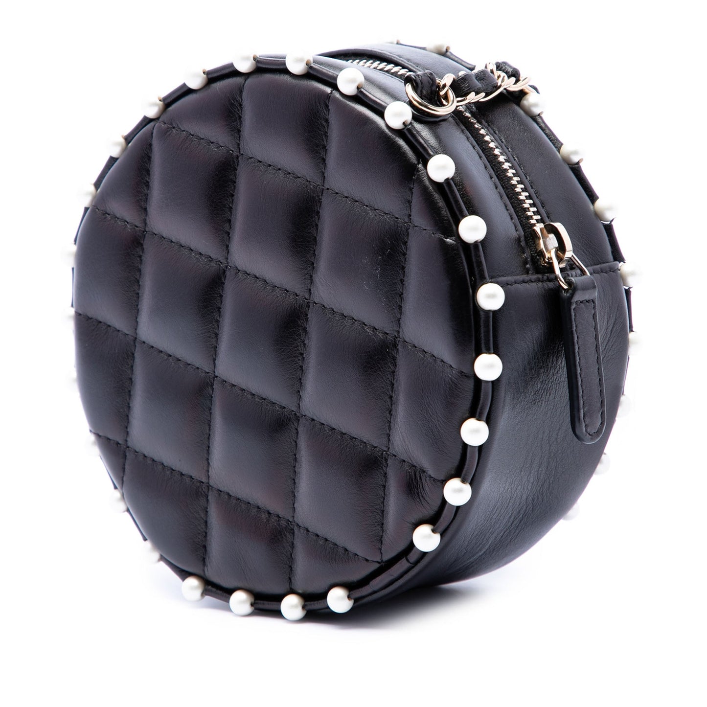 Chanel Quilted Calfskin Pearl Studded Round Clutch with Chain