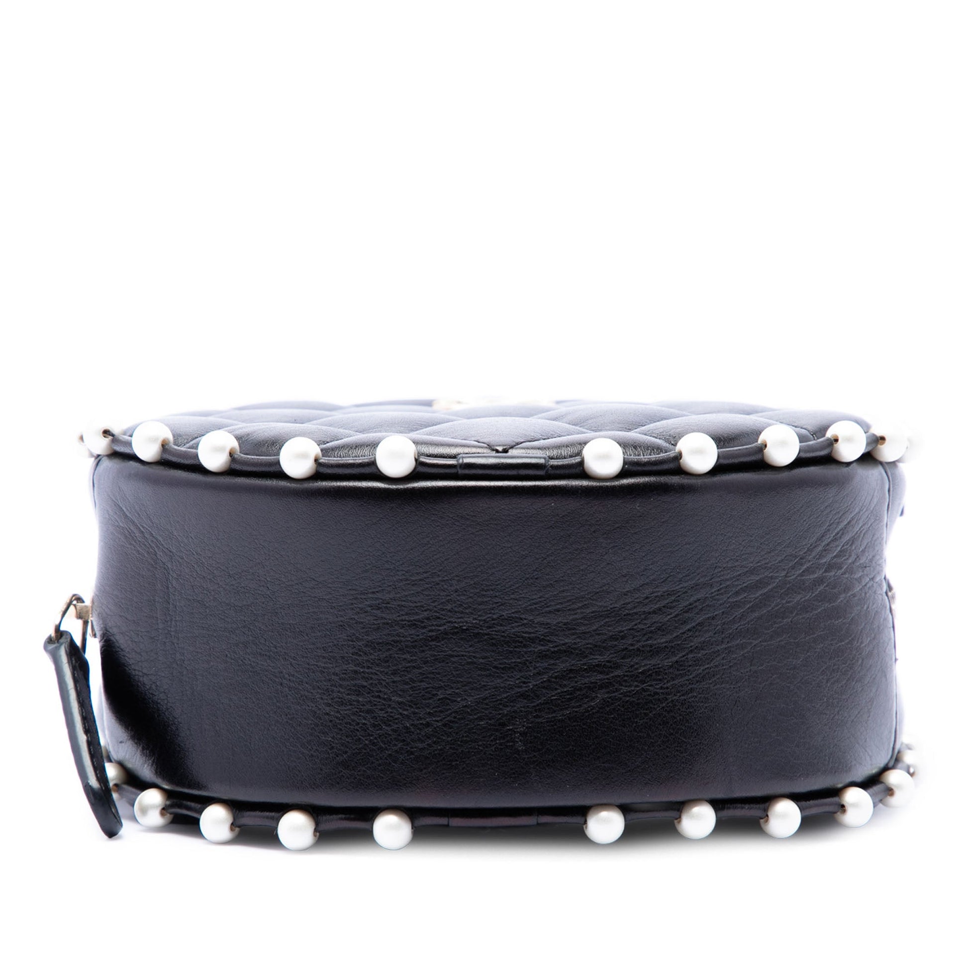 Chanel Quilted Calfskin Pearl Studded Round Clutch with Chain