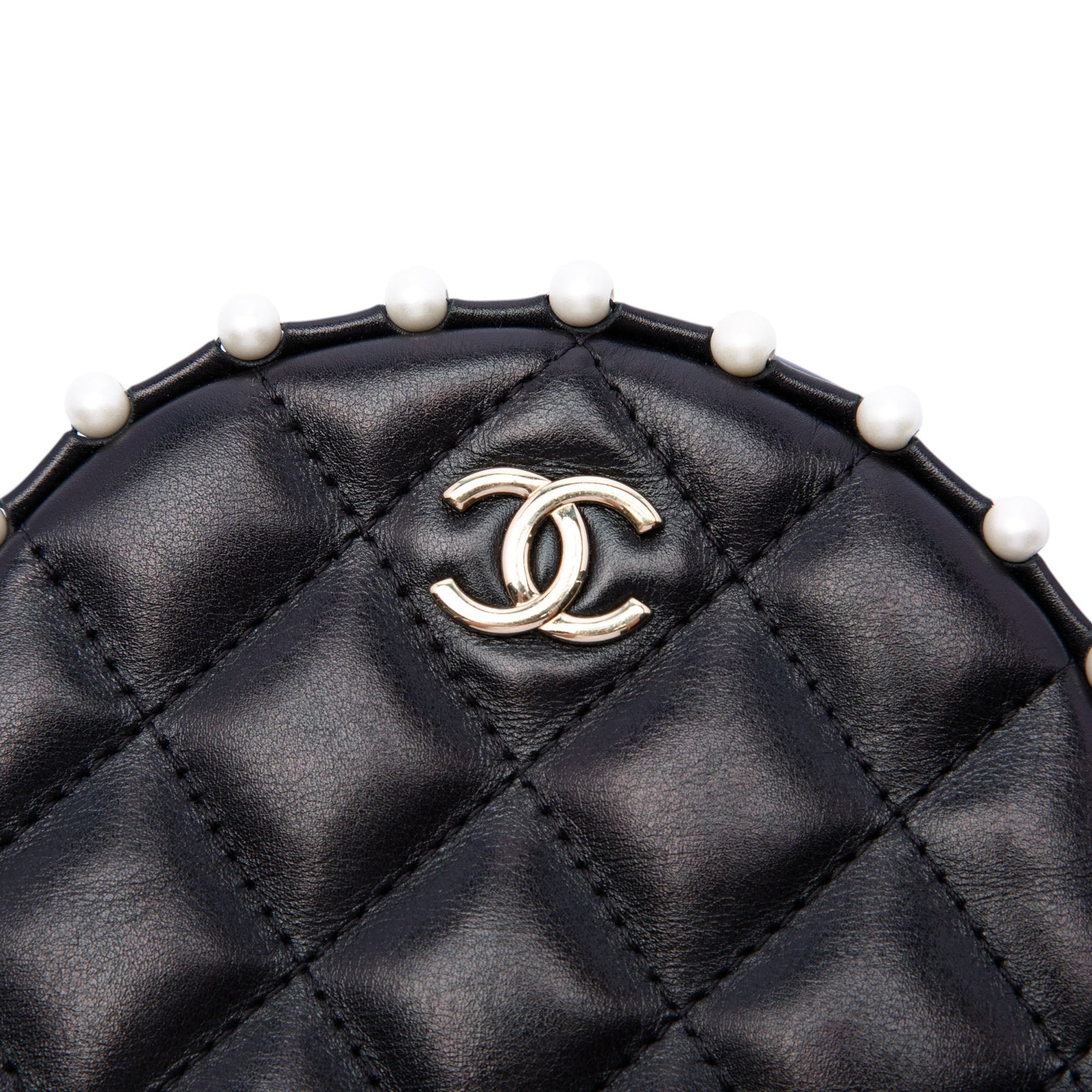 Chanel Quilted Calfskin Pearl Studded Round Clutch with Chain