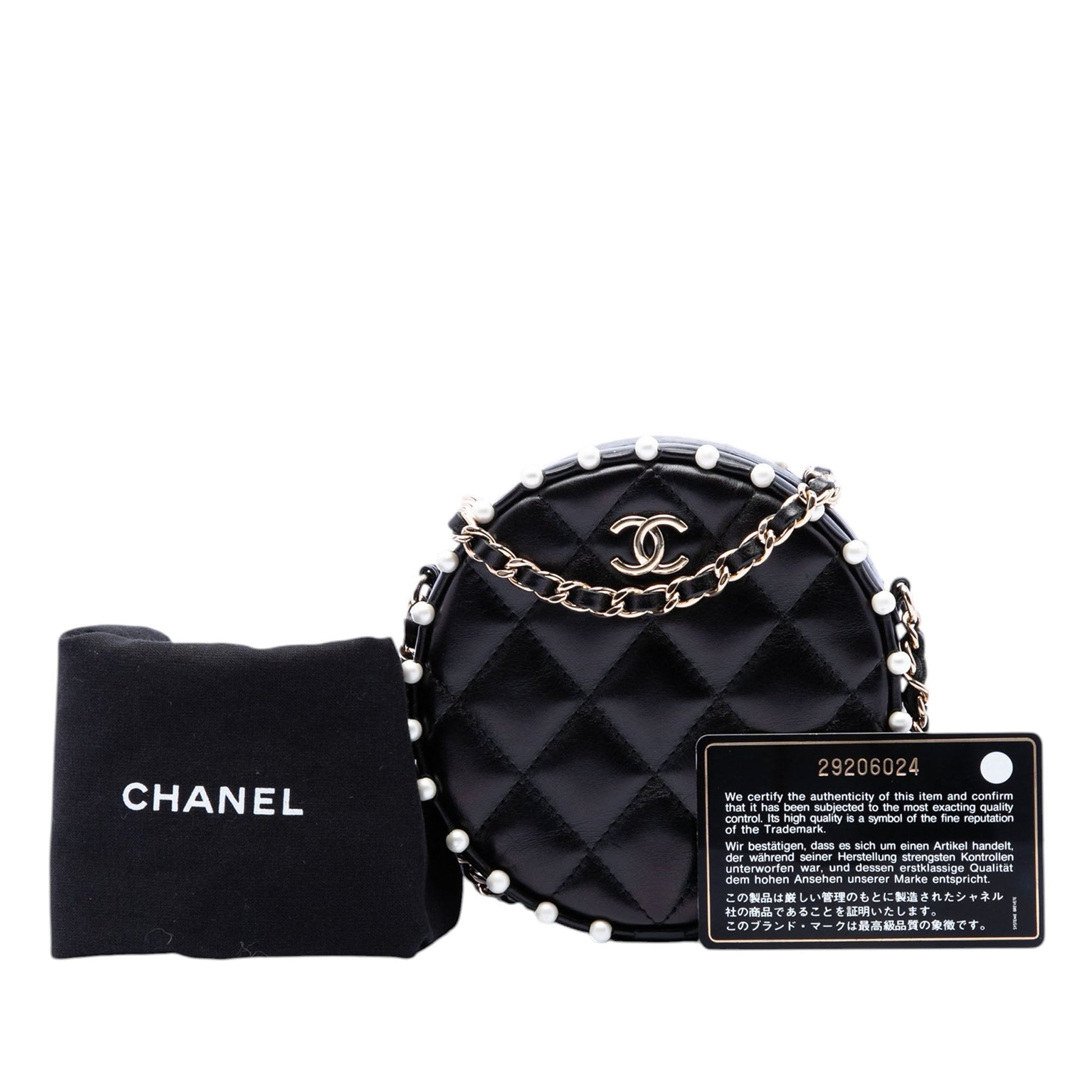 Chanel Quilted Calfskin Pearl Studded Round Clutch with Chain