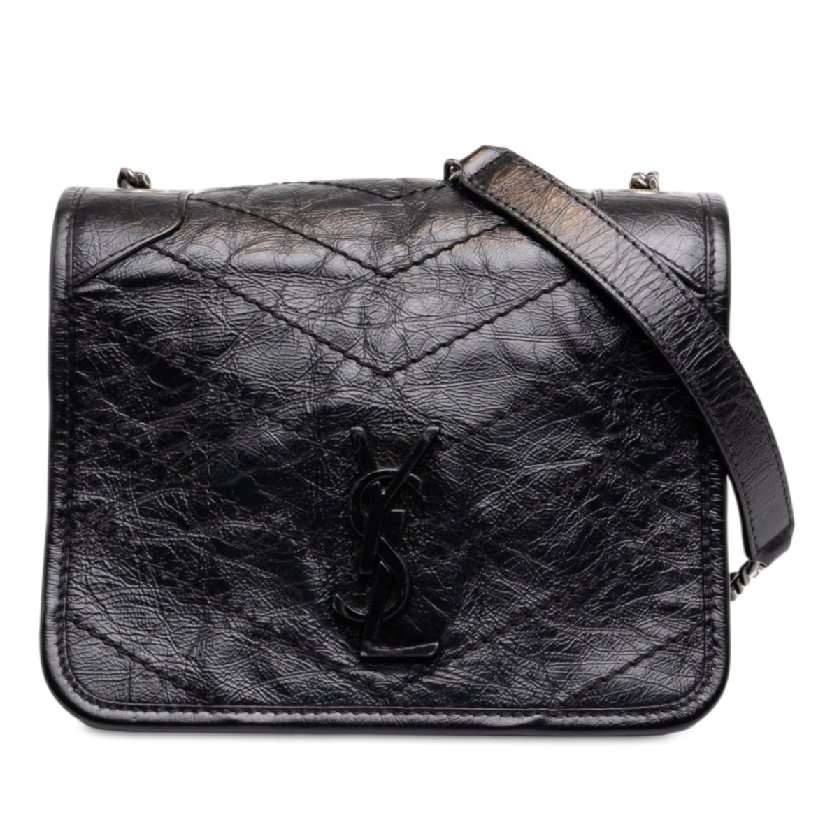 Saint Laurent Crinkled Calfskin Niki Wallet on Chain — Black