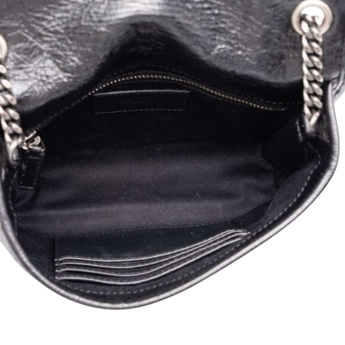 Saint Laurent Crinkled Calfskin Niki Wallet on Chain — Black