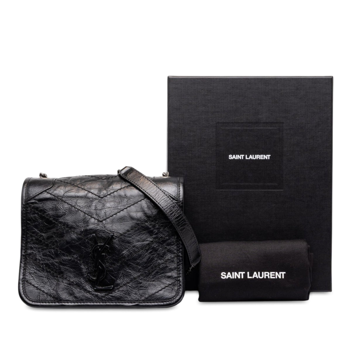 Saint Laurent Crinkled Calfskin Niki Wallet on Chain — Black