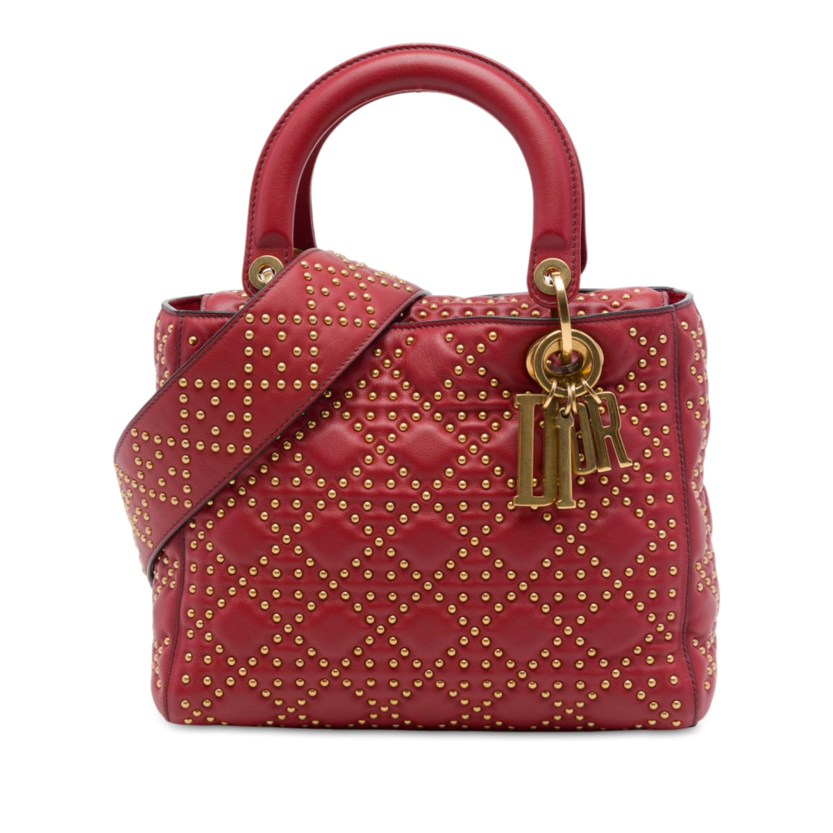 Dior Medium Lambskin Cannage Studded Supple Lady Dior — Red
