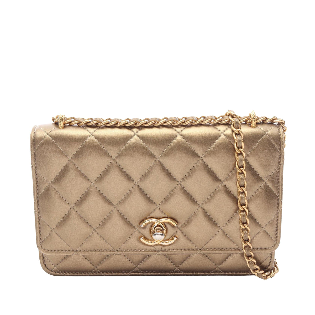 Chanel CC Quilted Metallic Lambskin Wallet on Chain — Gold