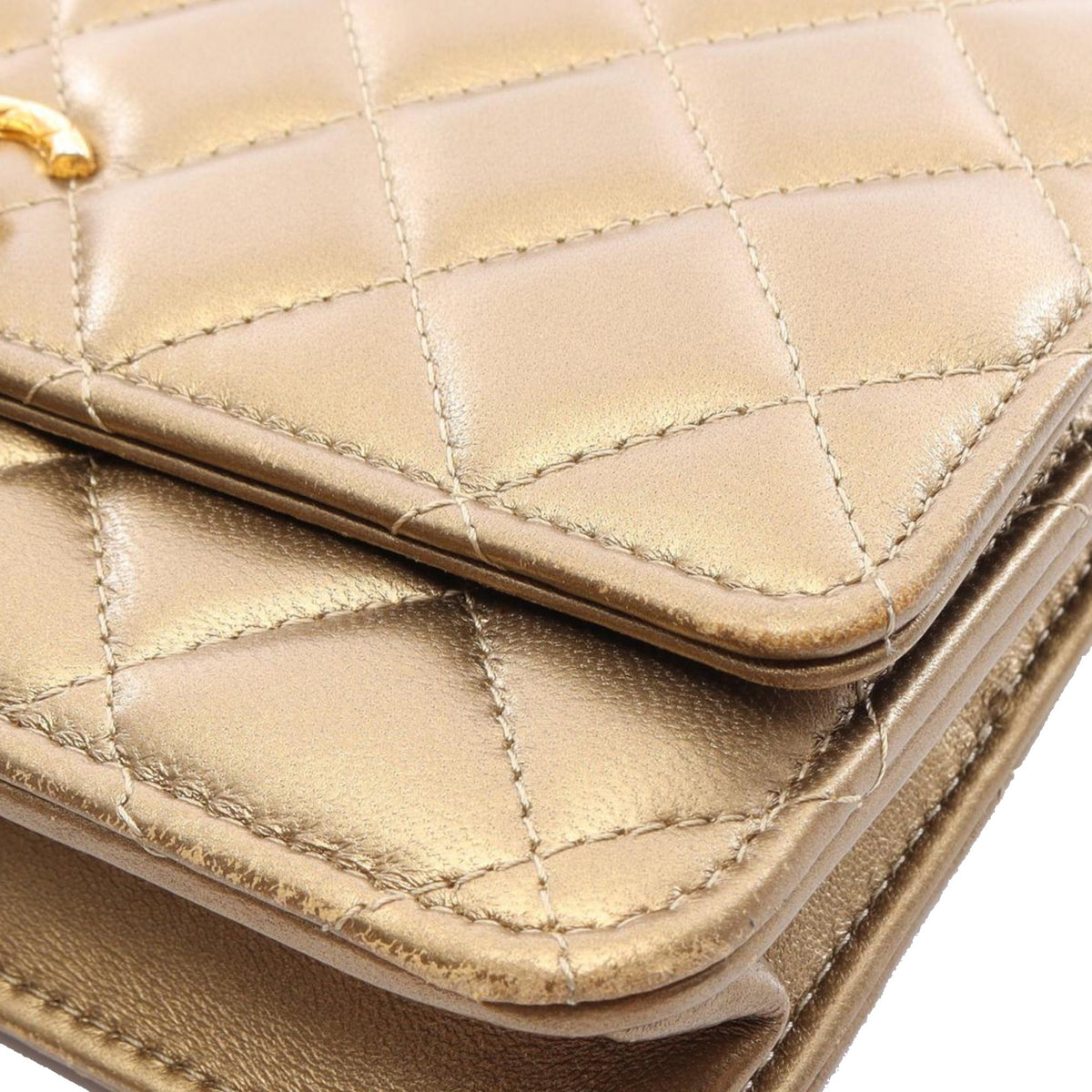 Chanel CC Quilted Metallic Lambskin Wallet on Chain — Gold