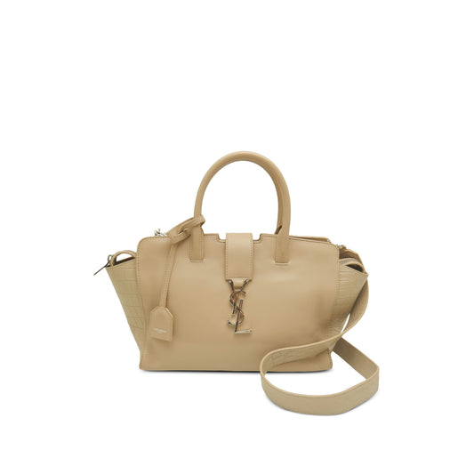 Saint Laurent Baby Leather Monogram Downtown Cabas Satchel — Beige