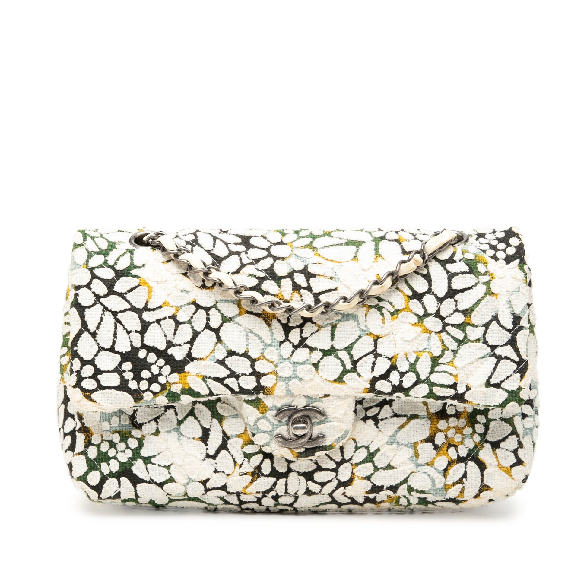 Chanel Medium Classic Chevron Tweed Floral Double Flap