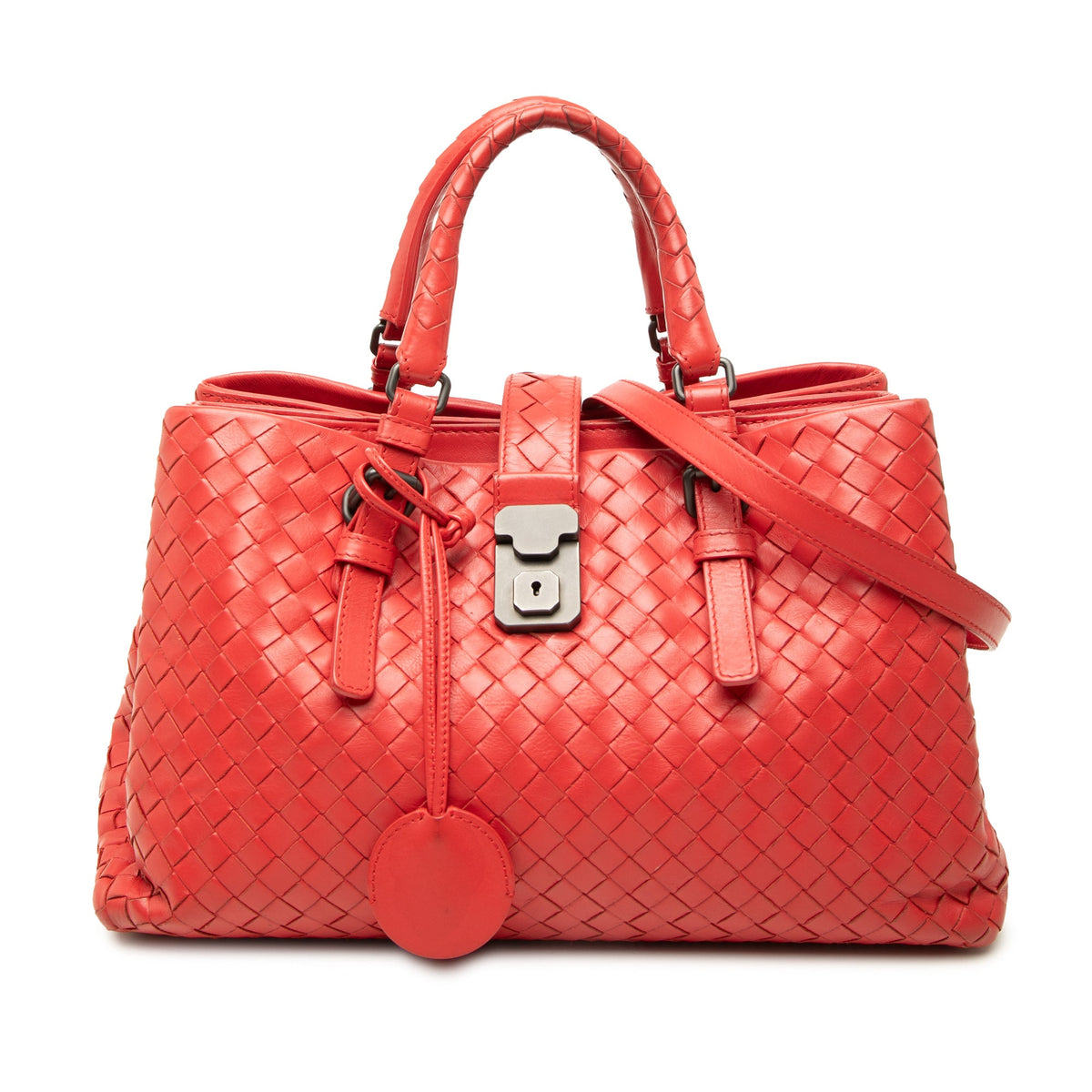 Bottega Veneta Small Nappa Intrecciato Roma Satchel — Red