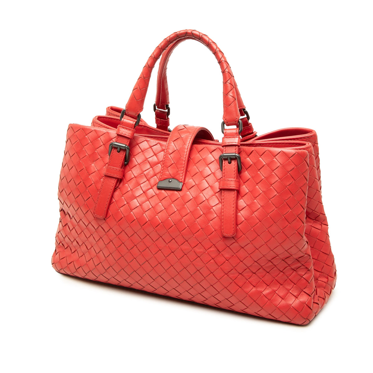 Bottega Veneta Small Nappa Intrecciato Roma Satchel — Red